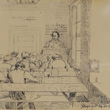 "Jacob Grimm im Vorlesungssaal", Federzeichnung von Ludwig Emil Grimm, 28.Mai 1830 (Ausschnitt)&nbsp;&copy;&nbsp;Städtisches Museum Göttingen / F.S.Kimmel